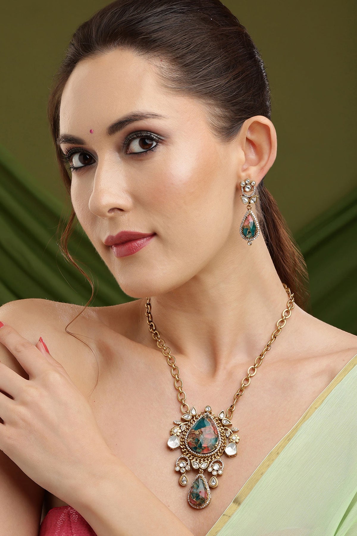 Natural Stones Antique Finish Earrings and Necklace set 