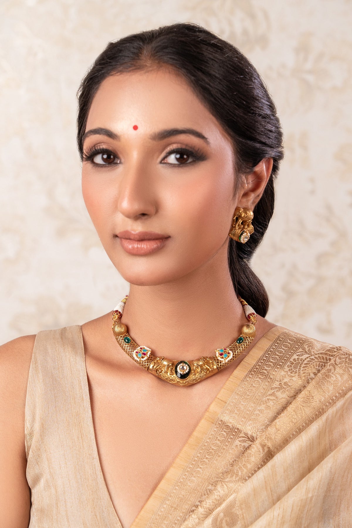 Green Brass Gold Plated Choker & Earrings Set 