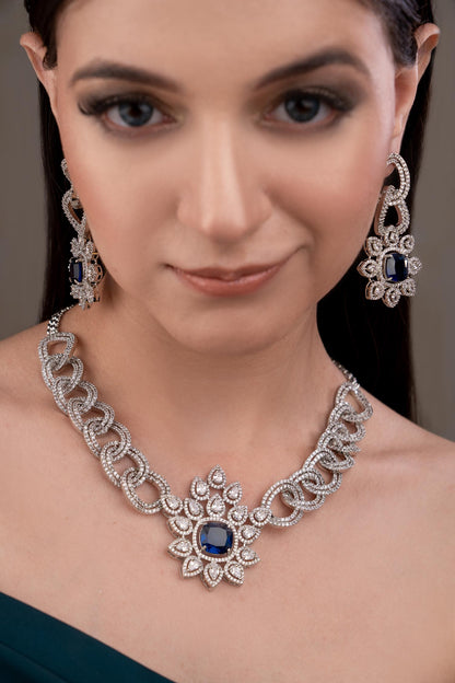 Blue Silver Plated Necklace & Earring Set 