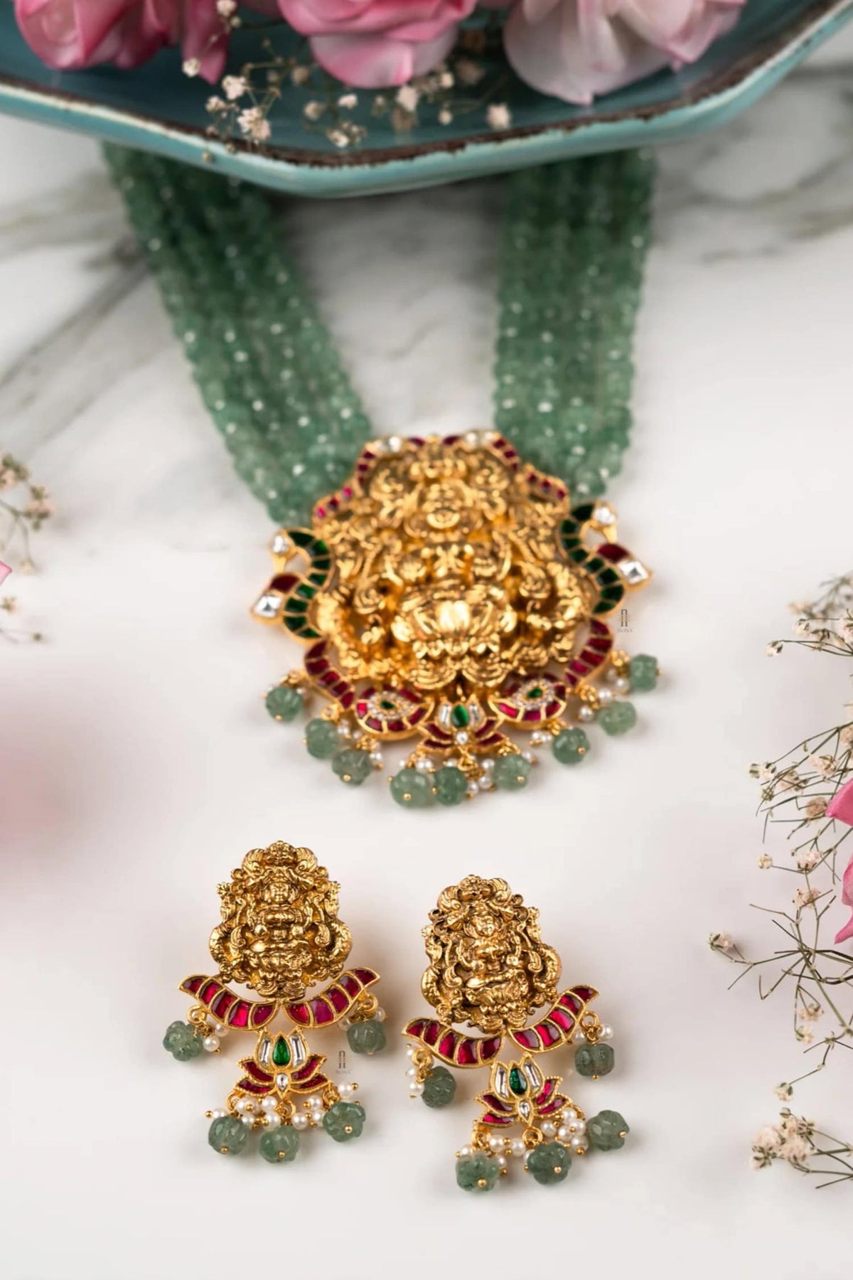 Gold Plated Green Beaded Necklace Set 