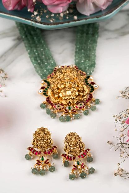Gold Plated Green Beaded Necklace Set 