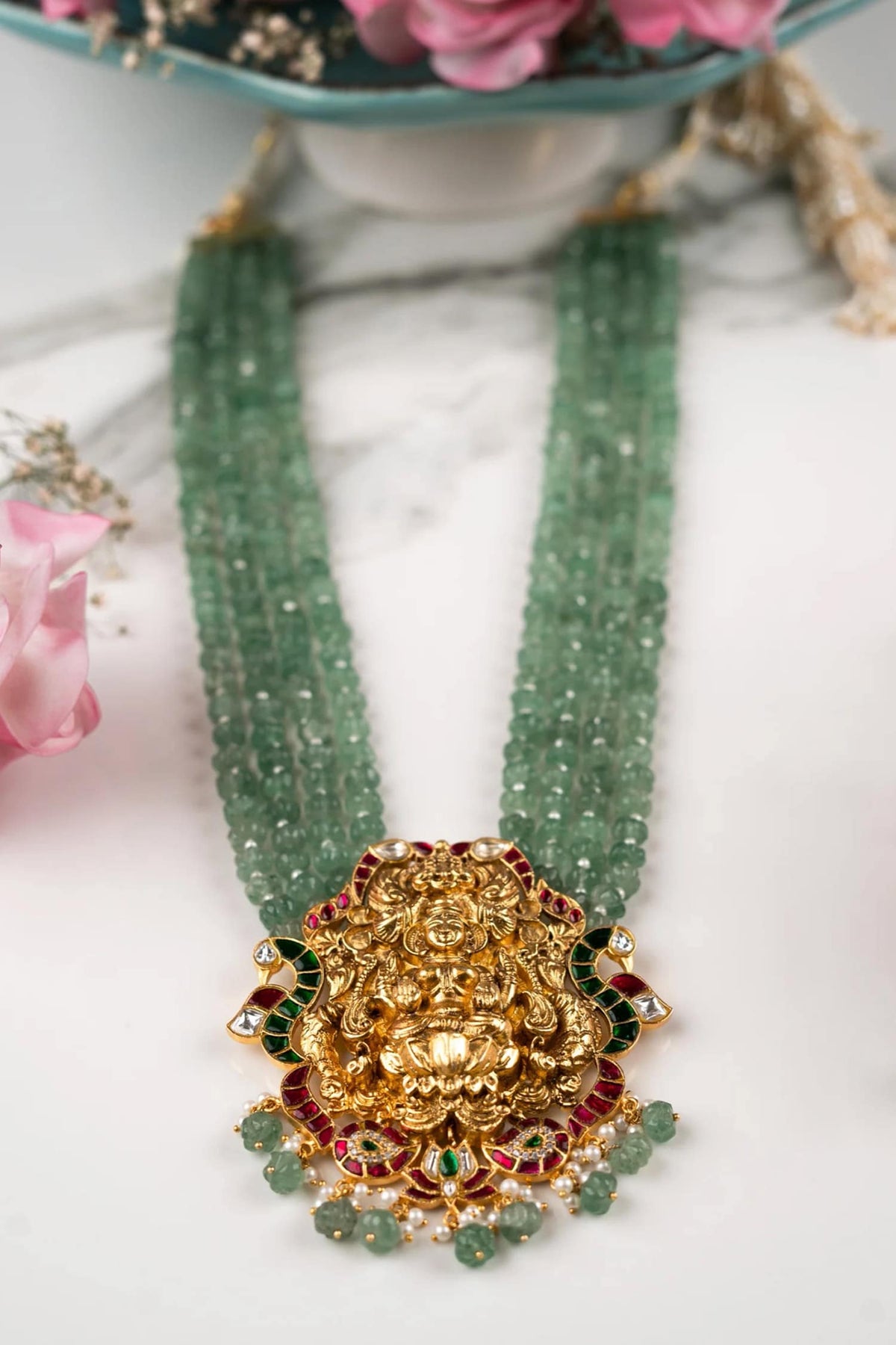 Gold Plated Green Beaded Necklace Set 