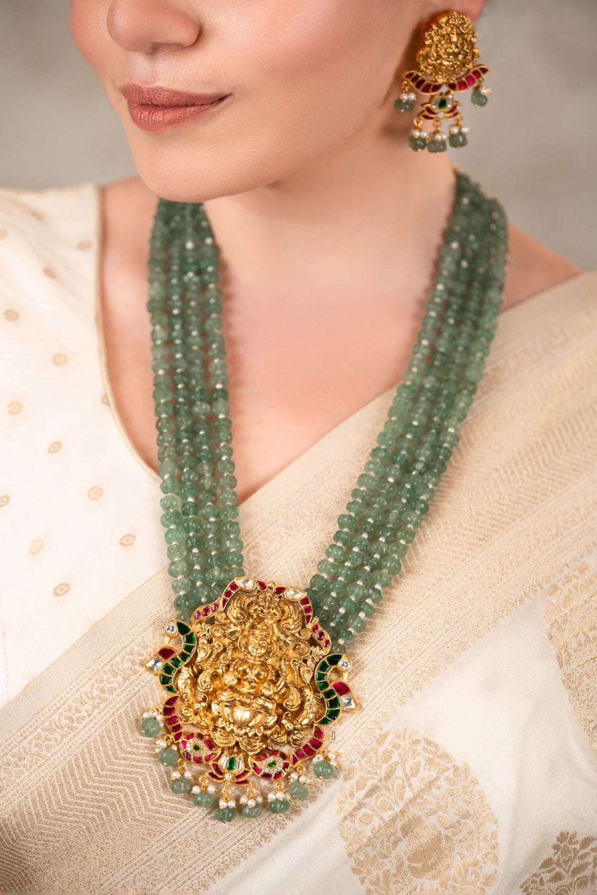 Gold Plated Green Beaded Necklace Set 