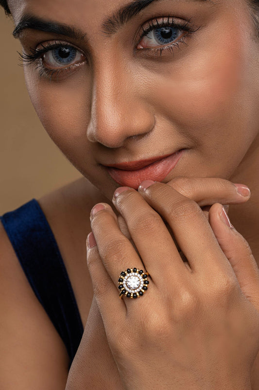Designer 925 Silver Black Beads Ring 