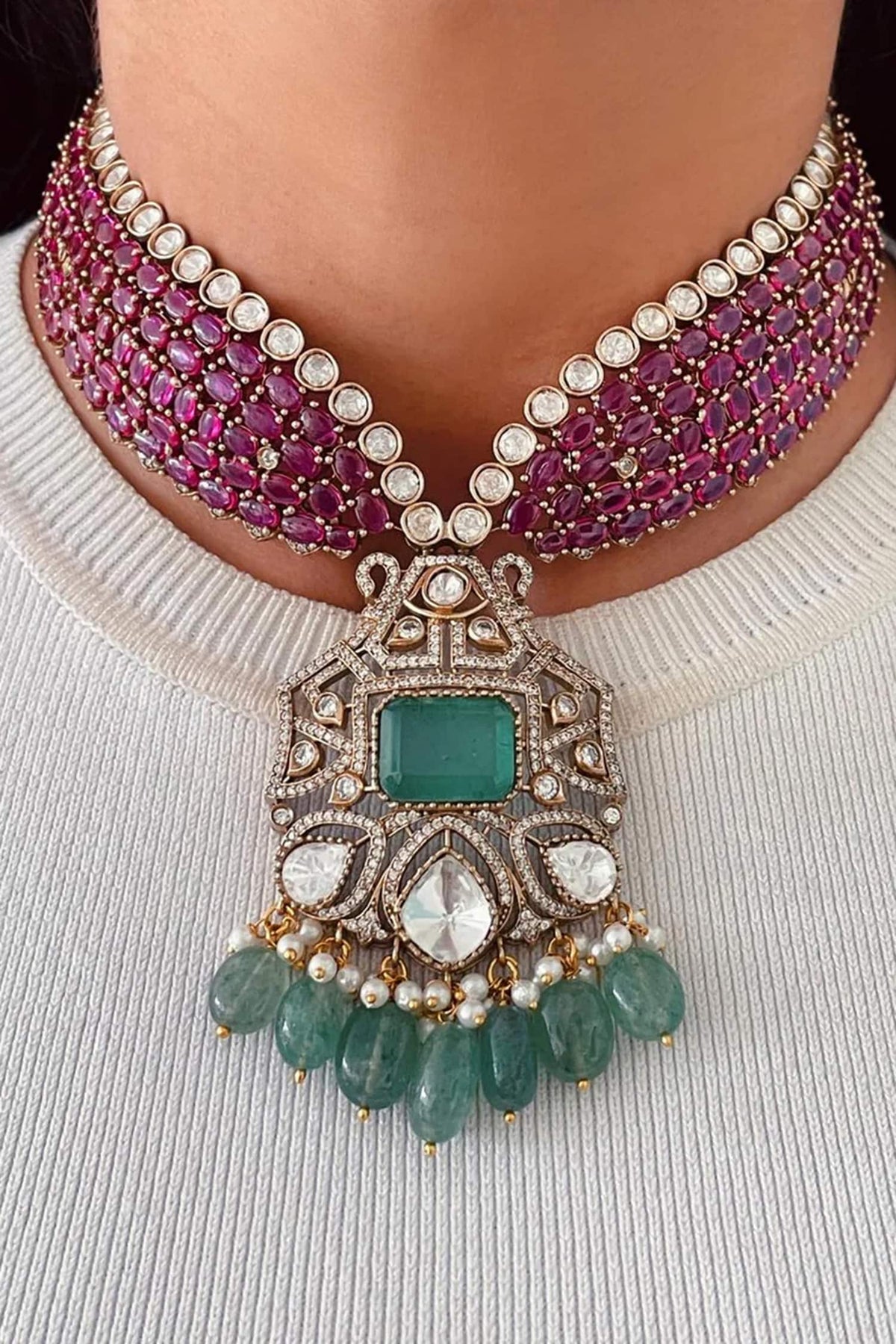 Queen Ruby Emerald Kundan Necklace Set 