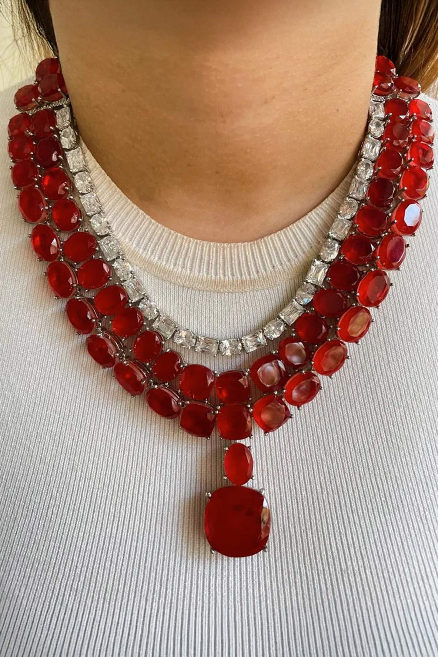 Ruby Red 3 Layer Necklace Set 
