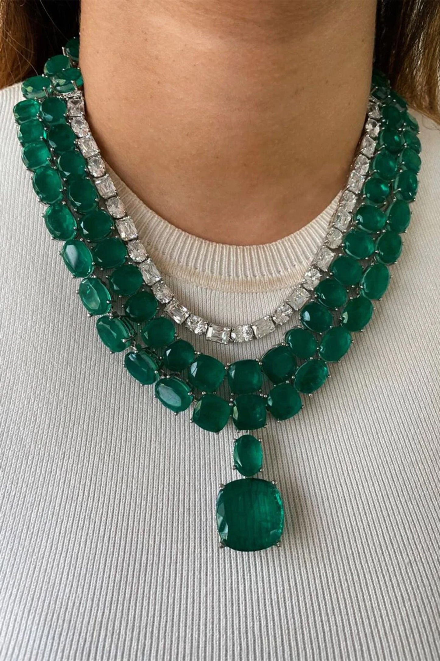 Emerald Green Diamond Stone 3 Layer Necklace Set 
