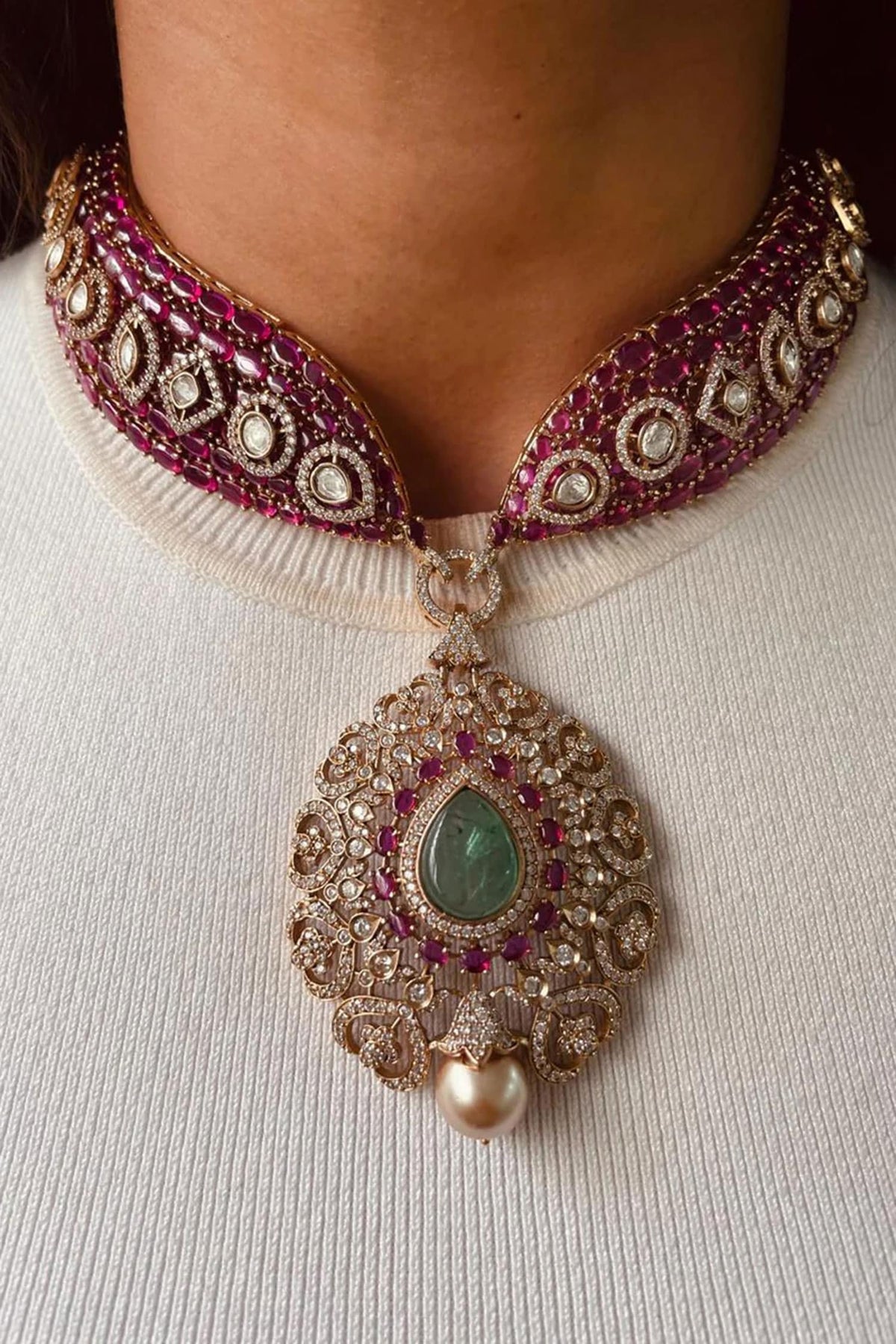 Ruby Pink Kundan Necklace Set 