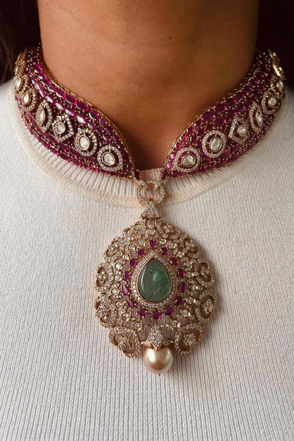 Ruby Pink Kundan Necklace Set 