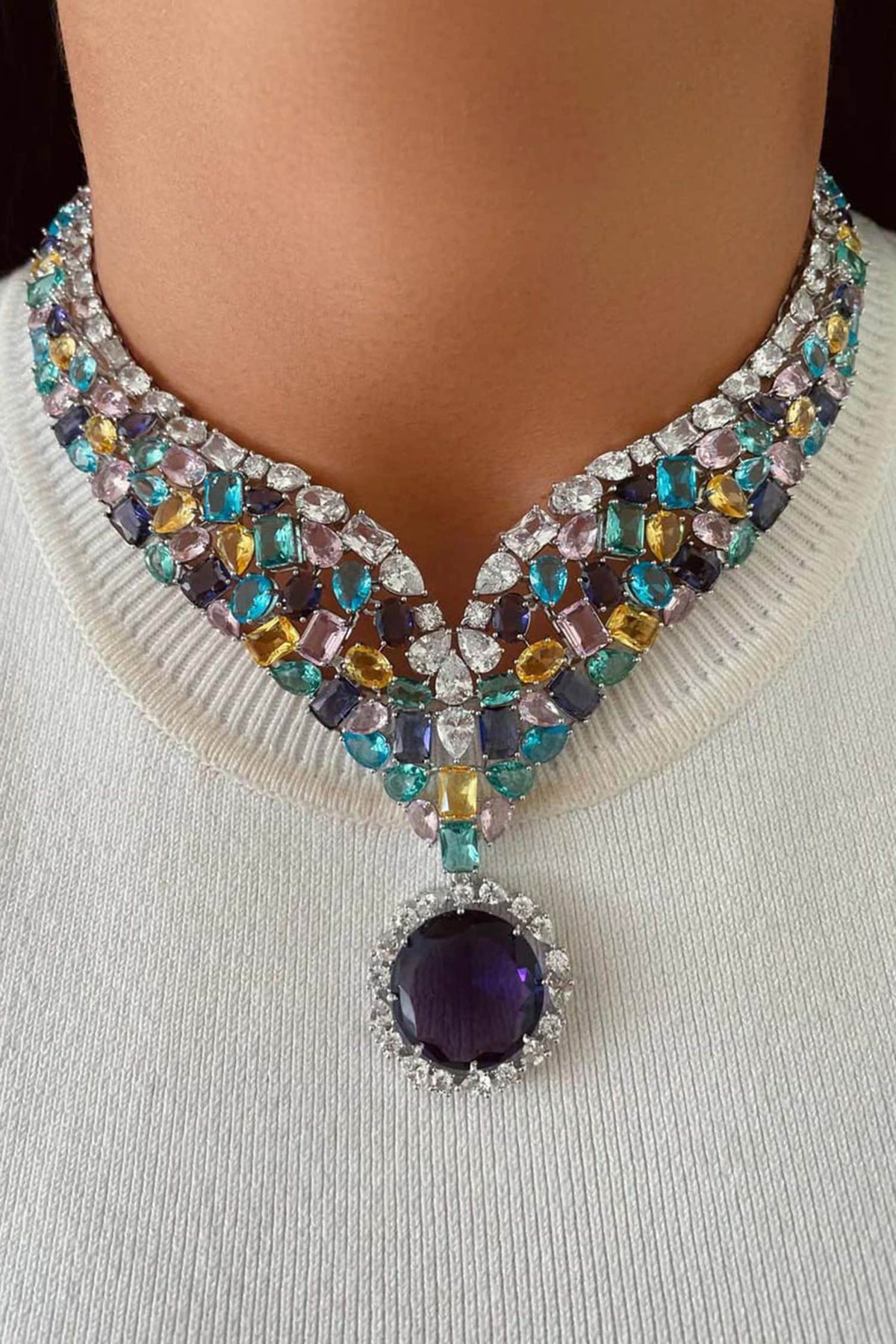 Multi Color Diamond Stone Necklace Set 