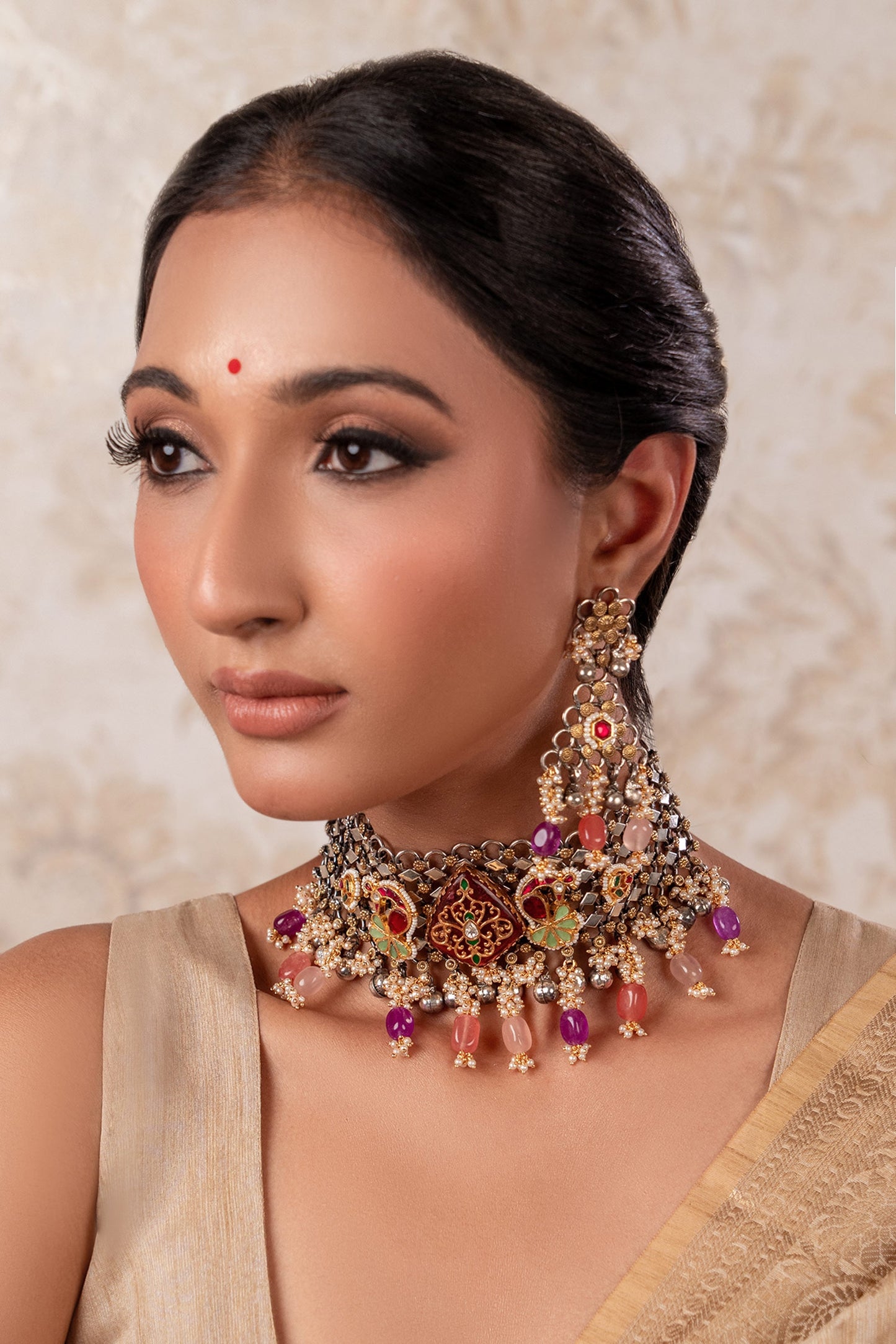 Multicoloured Two Tone Choker & Earrings Set 