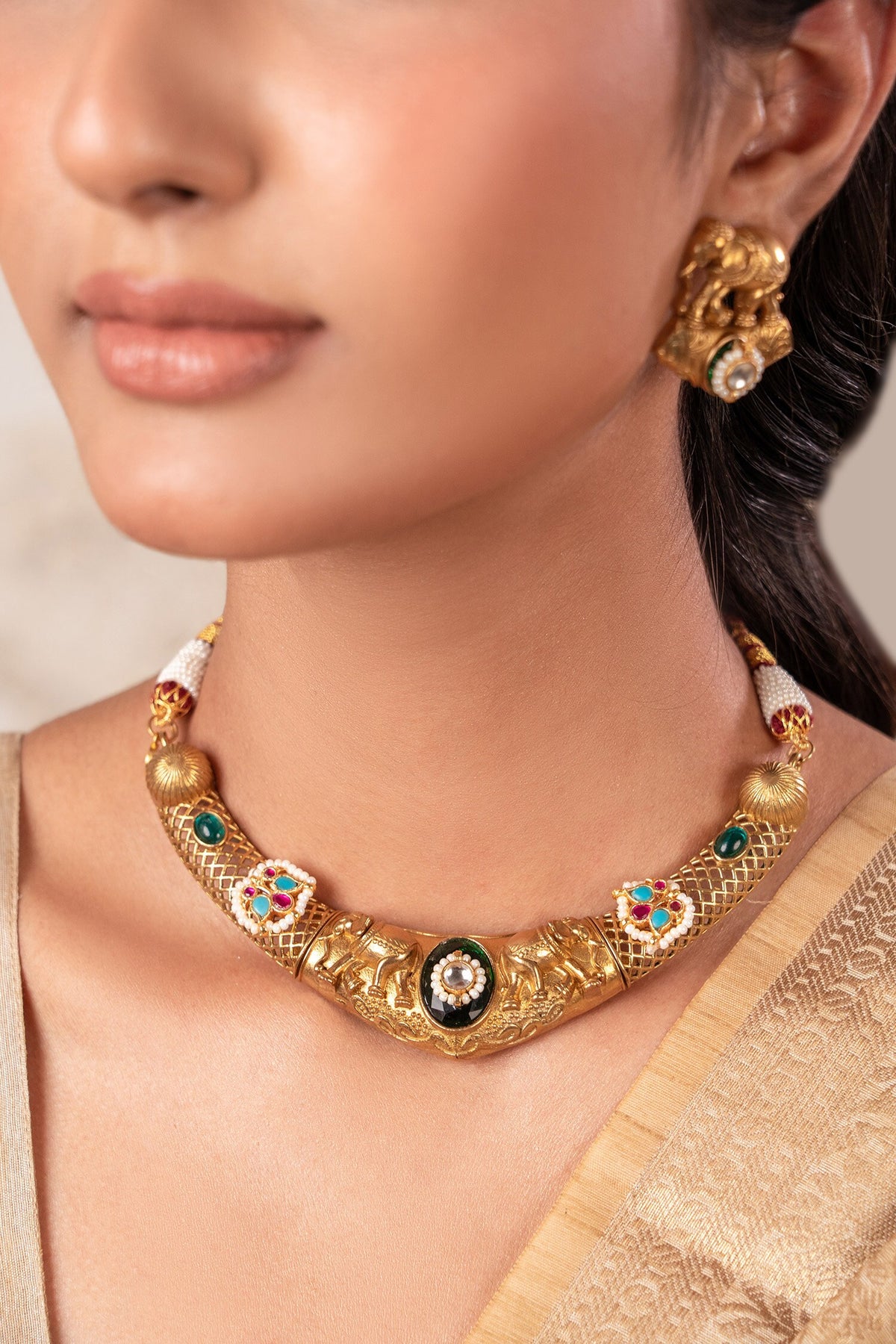 Green Brass Gold Plated Choker & Earrings Set 