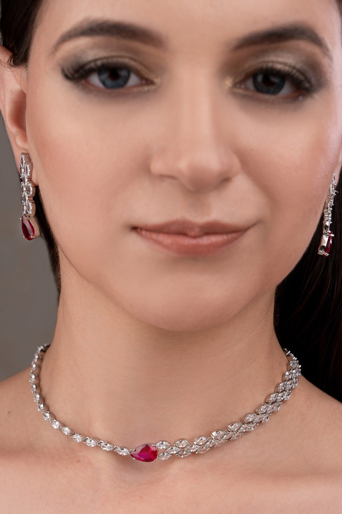 Ruby Red Silver Plated Choker & Earrings Set 