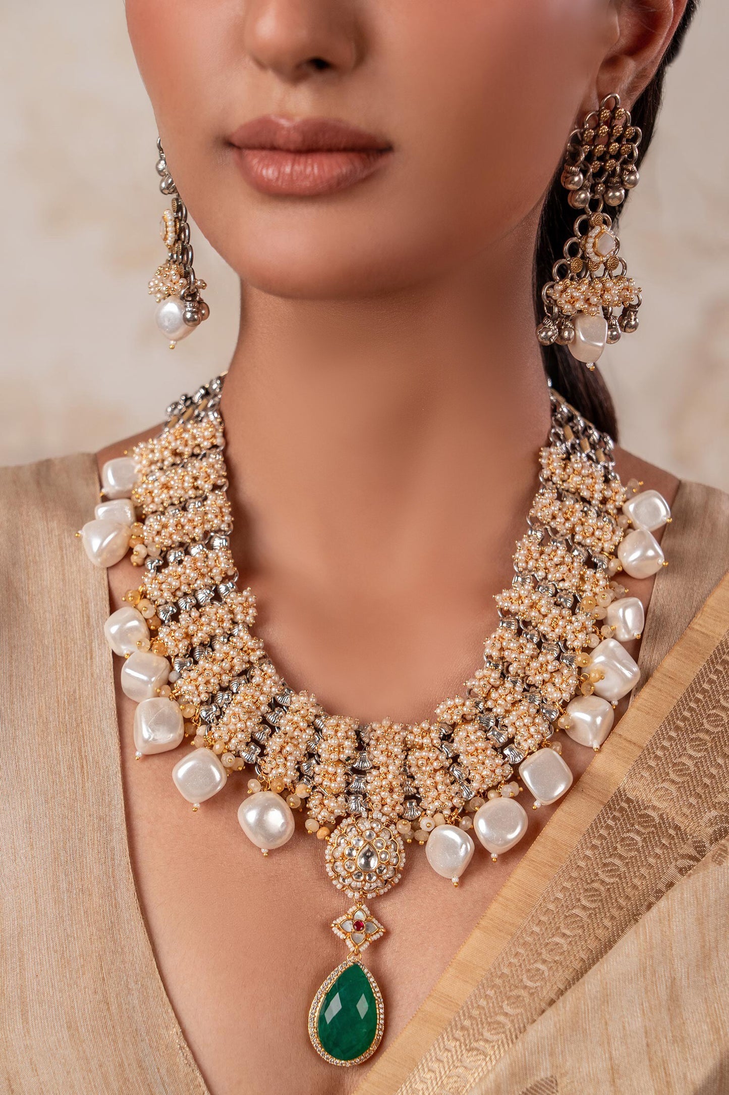 Two Tone White Green Designer Necklace Set 