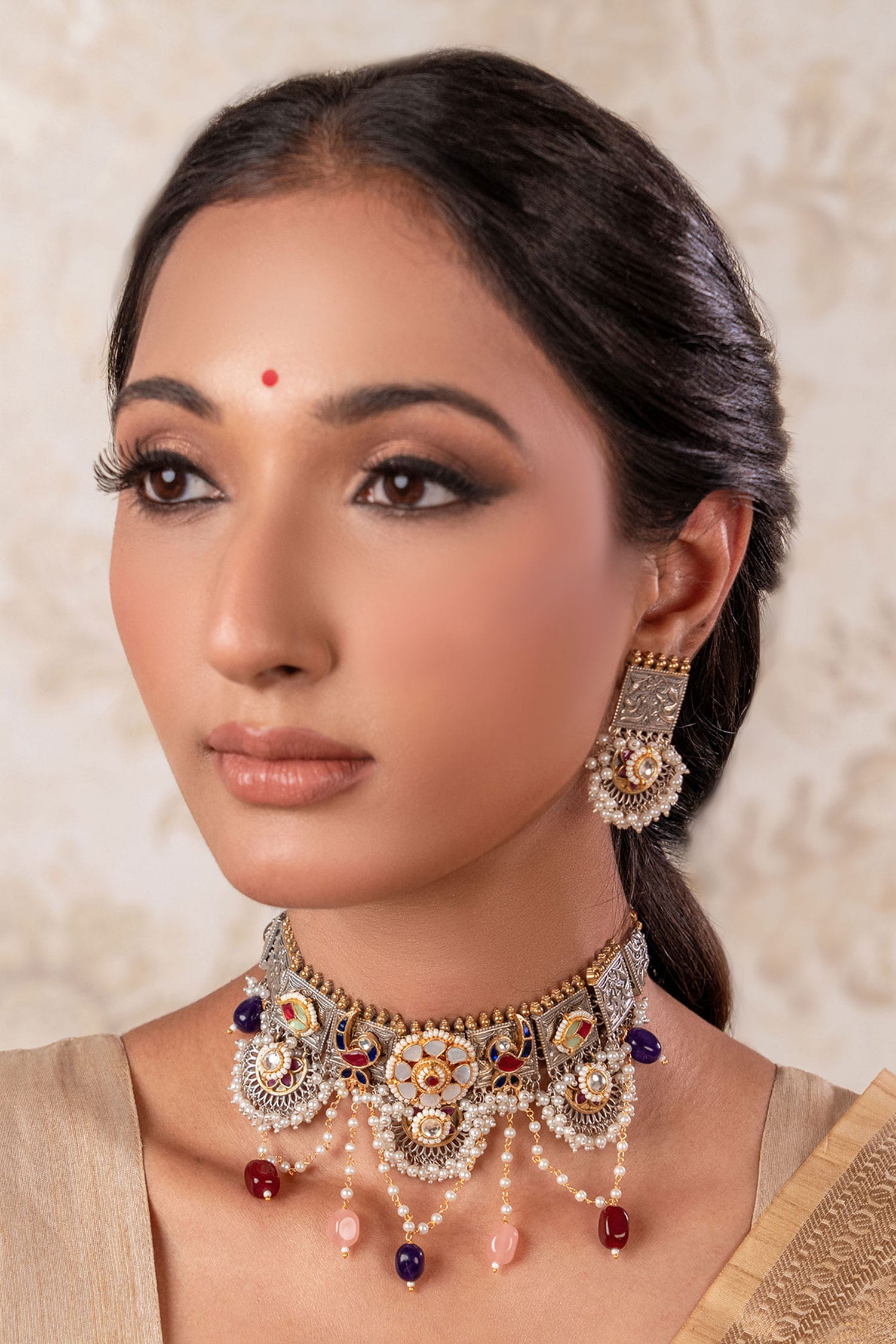 Two Tone Multicoloured Choker & Earrings Set 