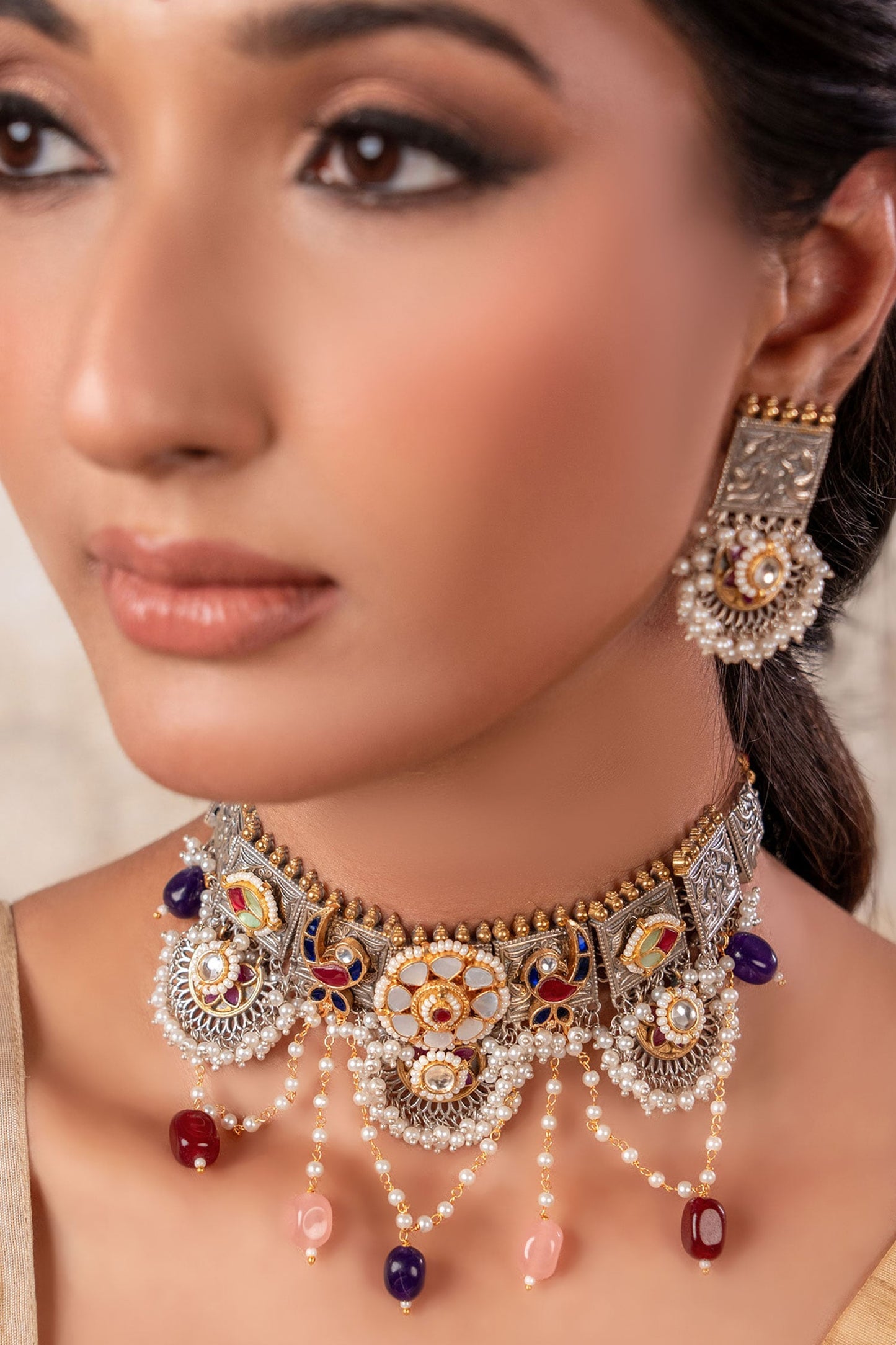 Two Tone Multicoloured Choker & Earrings Set 