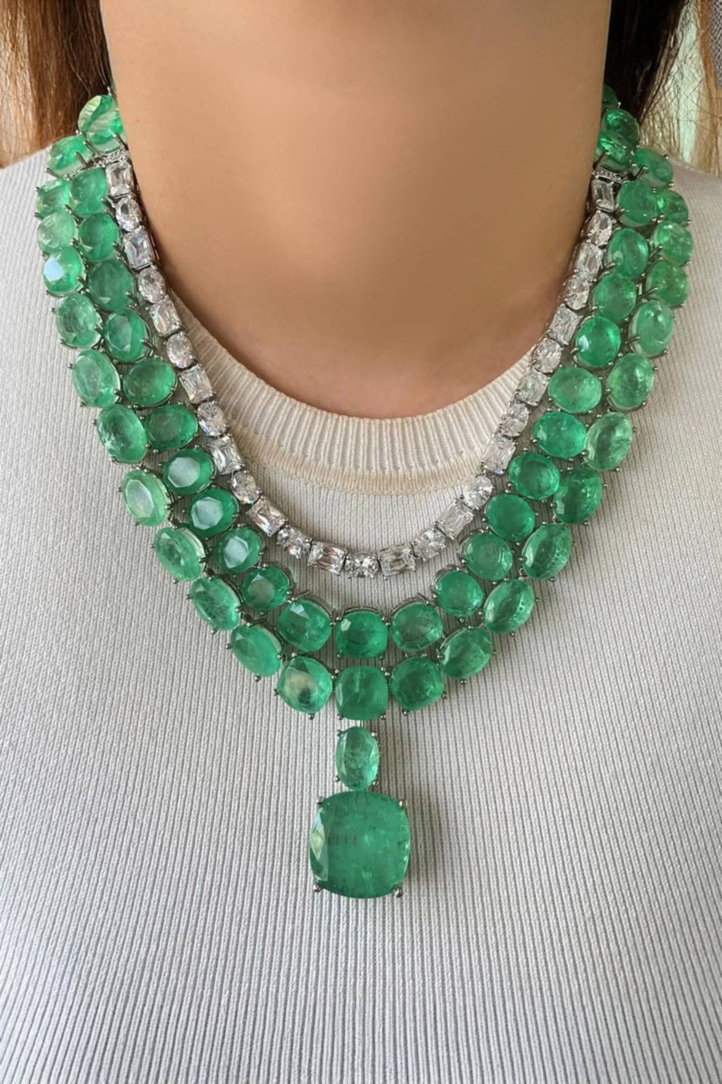 Mint Green Diamond 3 Layer Necklace Set 