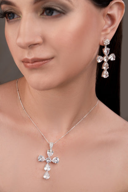 Silver Cross Motif Necklace & Earring Set 