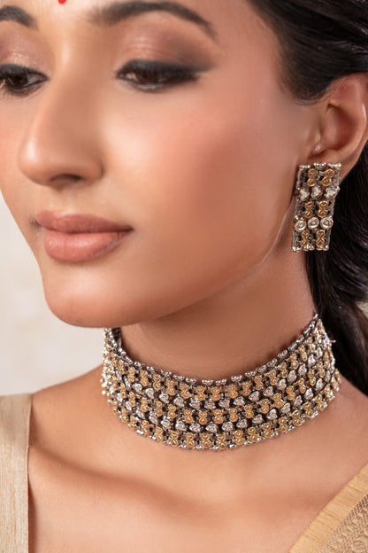 Two Tone Choker Necklace & Earring Set 