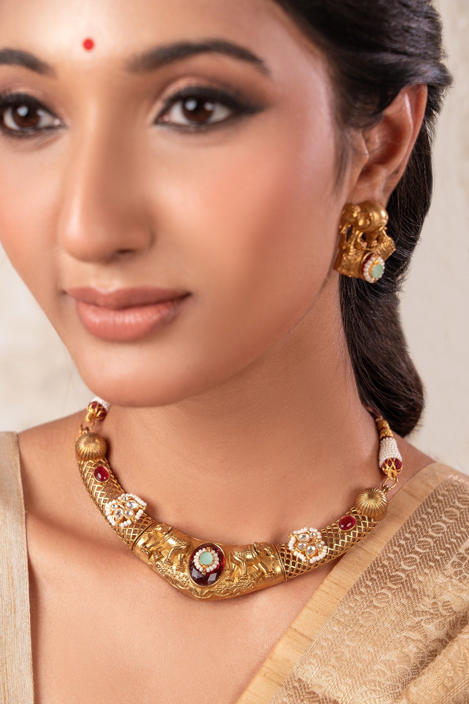 Ruby Red Gold Plated Choker & Earrings Set 