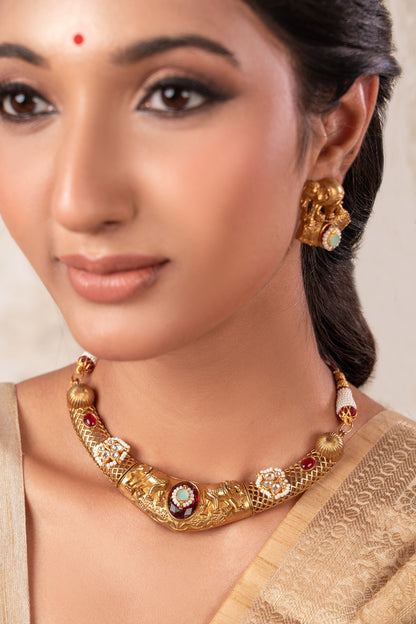 Ruby Red Gold Plated Choker & Earrings Set 