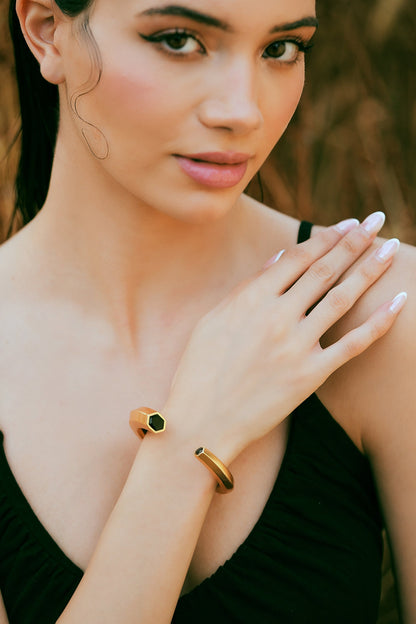 Hexa Black Enamel Gold Cuff 
