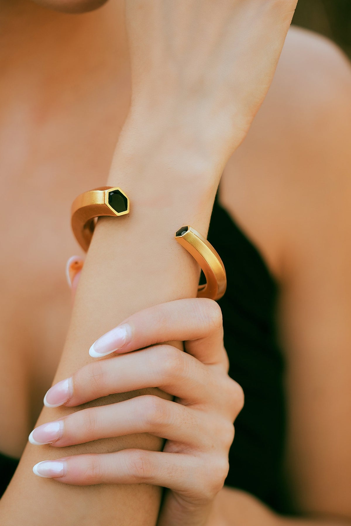 Hexa Black Enamel Gold Cuff 