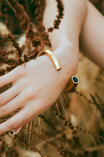 Hexa Black Enamel Gold Cuff 