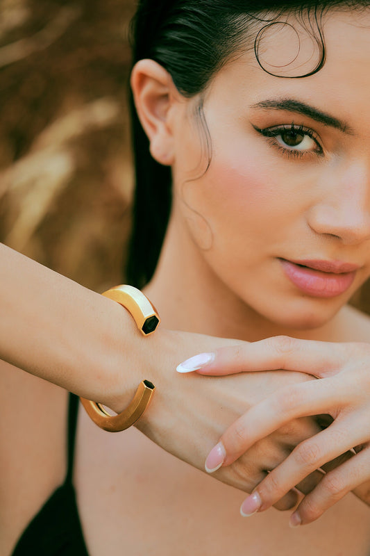 Hexa Black Enamel Gold Cuff 