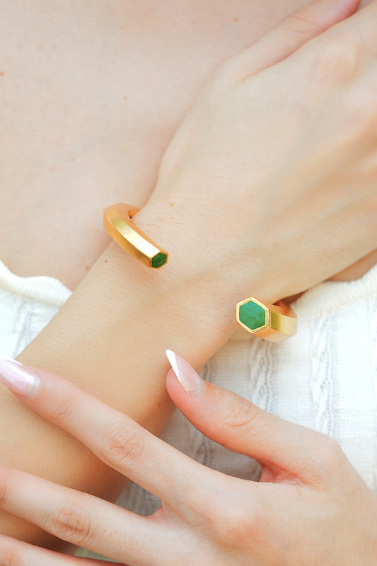 Hexa Green Enamel Gold Cuff 