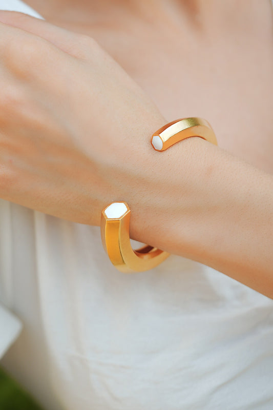 Hexa White Enamel Gold Cuff 