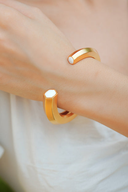 Hexa White Enamel Gold Cuff 