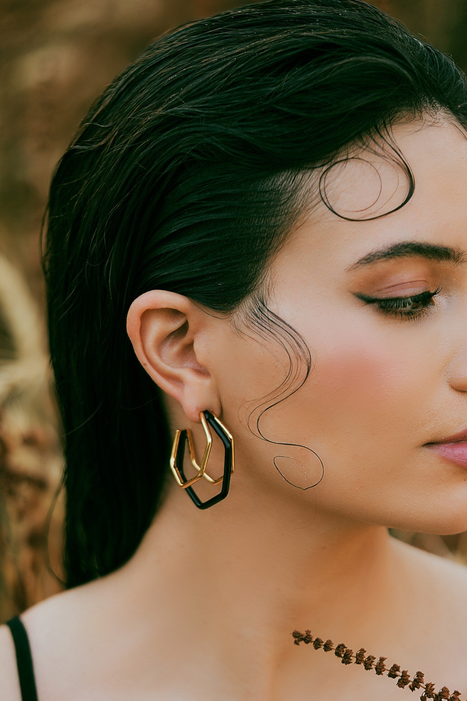Small Trio Black Enamel Gold Hoops 