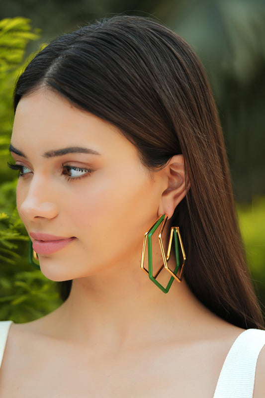 XL Trio Green Enamel Gold Hoops 
