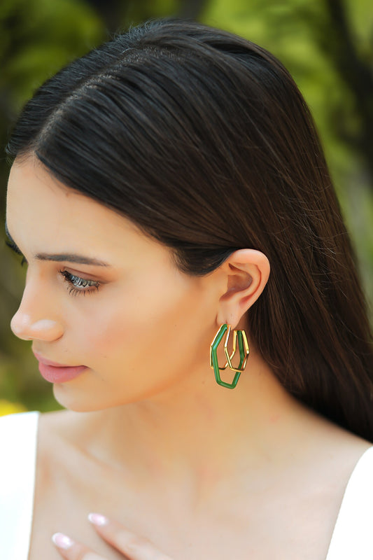Small Trio Green Enamel Gold Hoops 