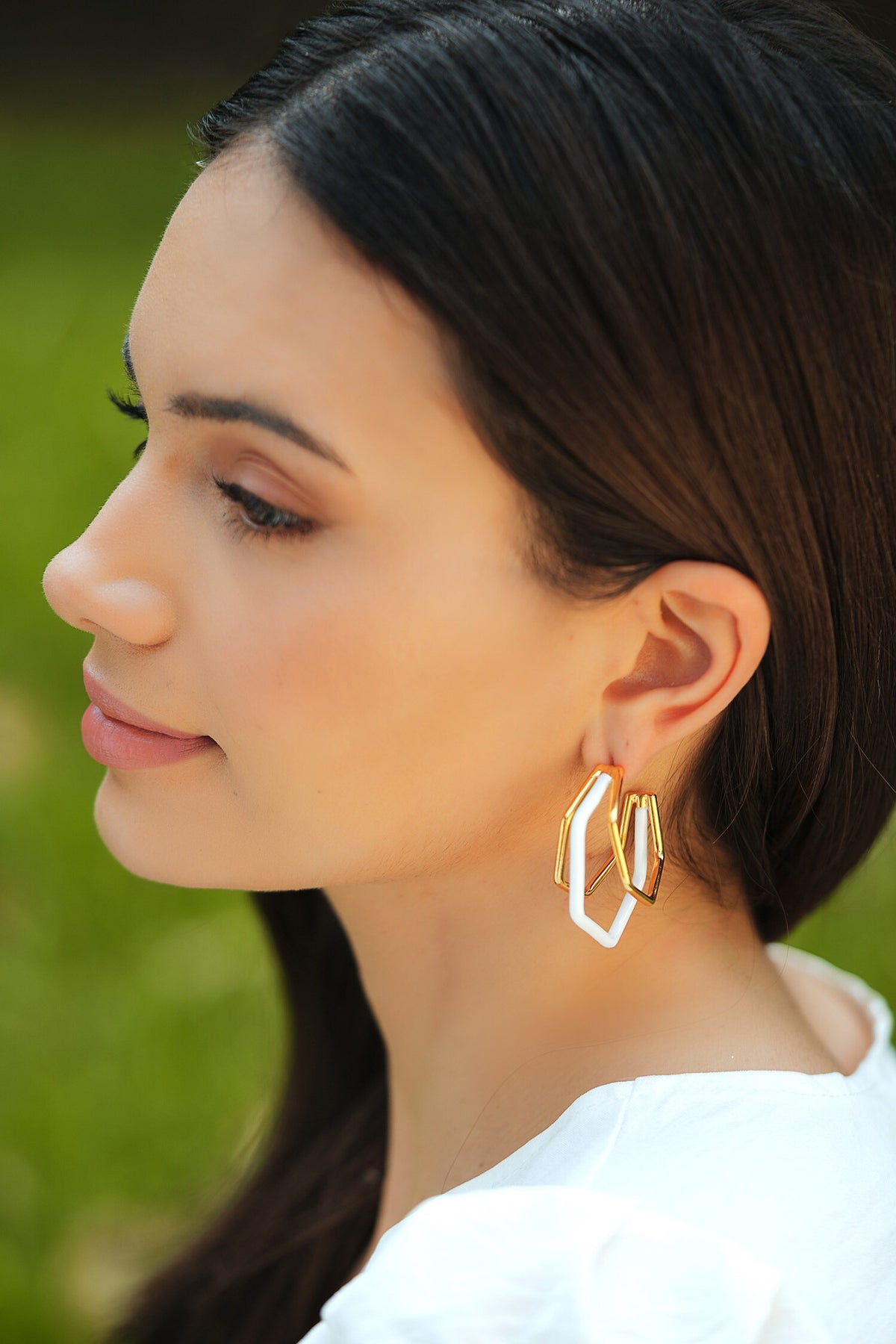 Small Trio White Enamel Gold Hoops 