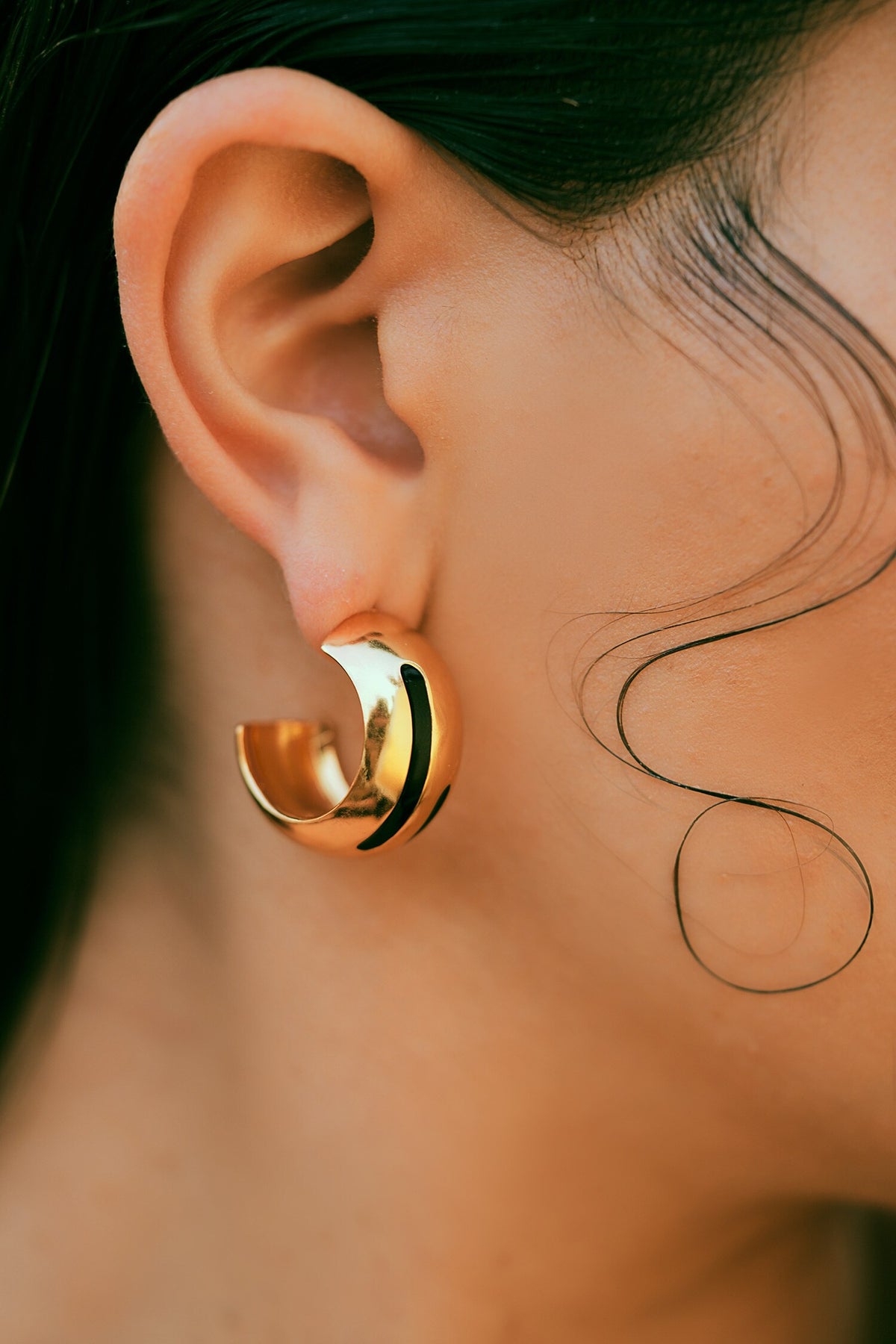 Luna Black Enamel Gold Hoops 