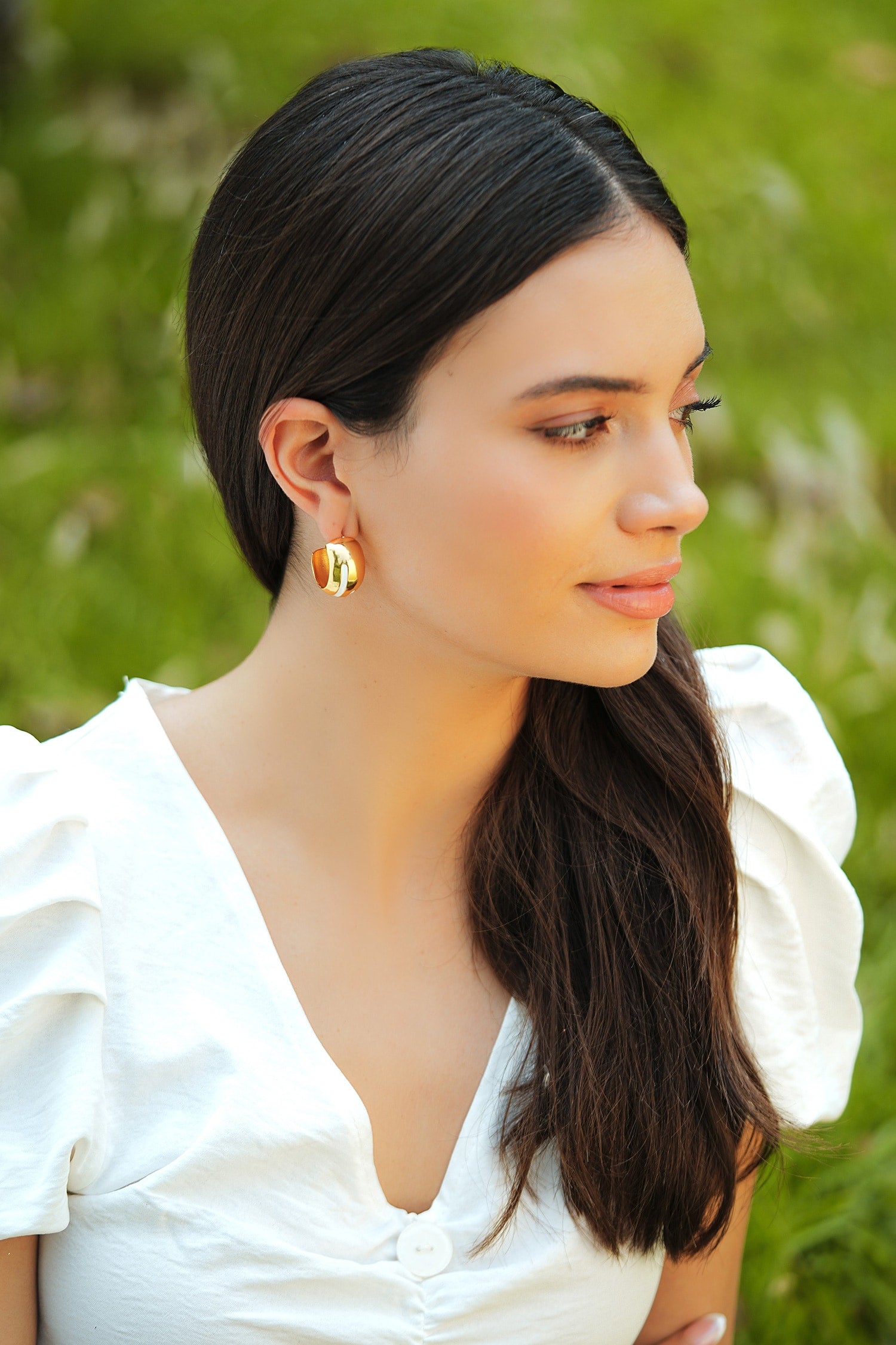 Luna White Enamel Gold Hoops 