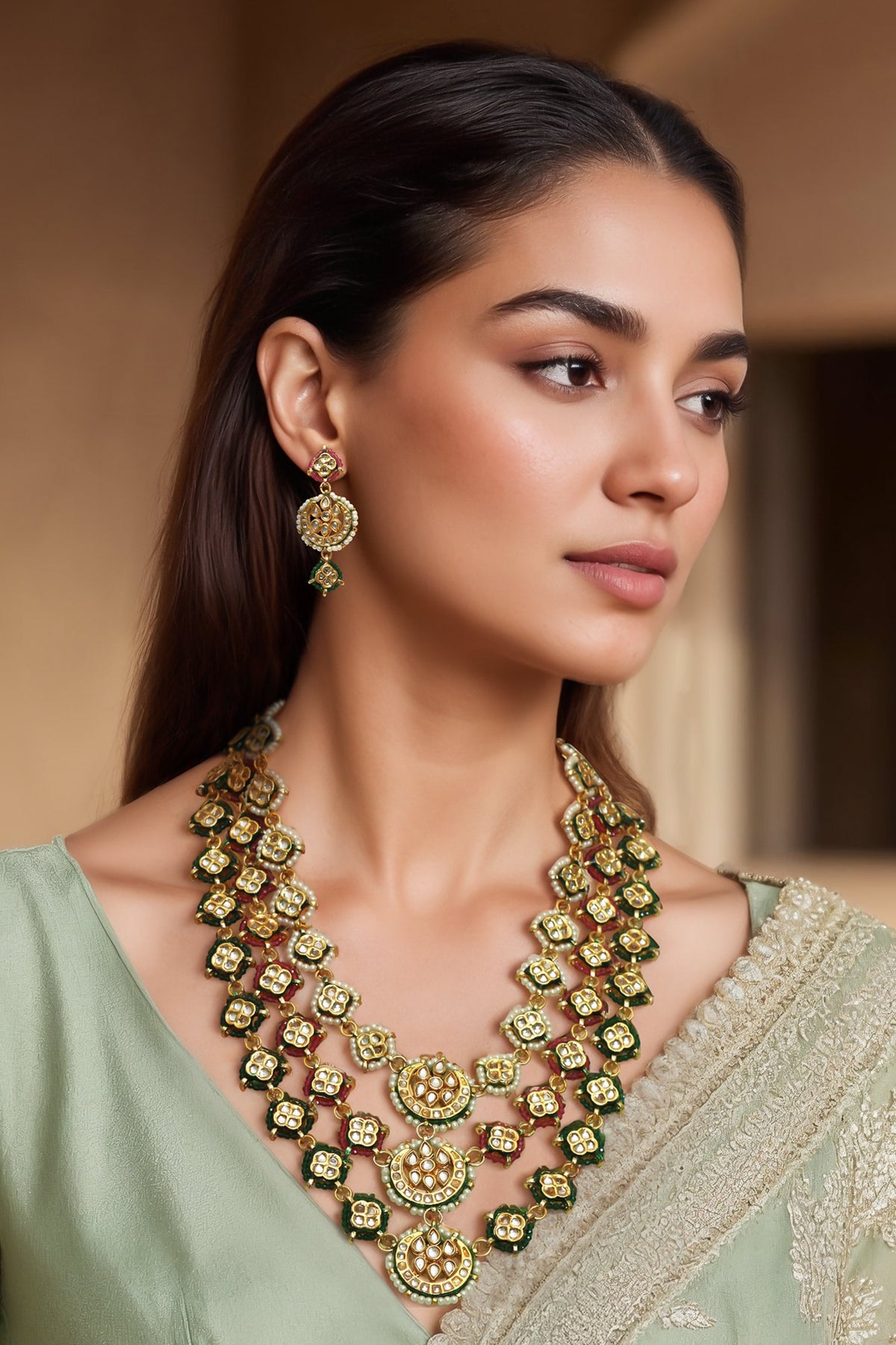 Gold Finish Kundan Polki Necklace Set 