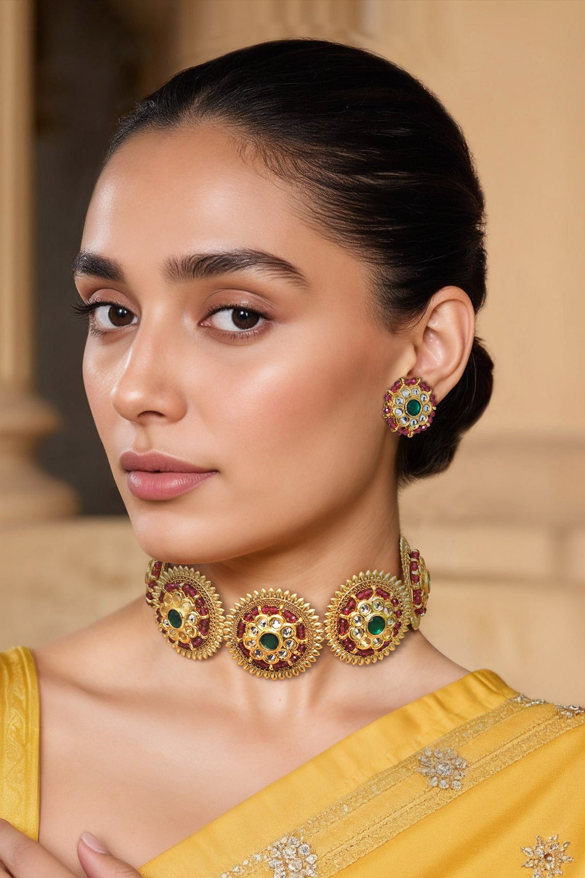 Gold Finish Kundan Polki Necklace Set 