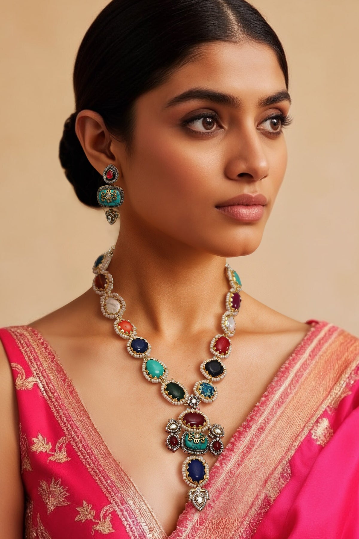 Multi Color Kundan Polki Necklace Set 