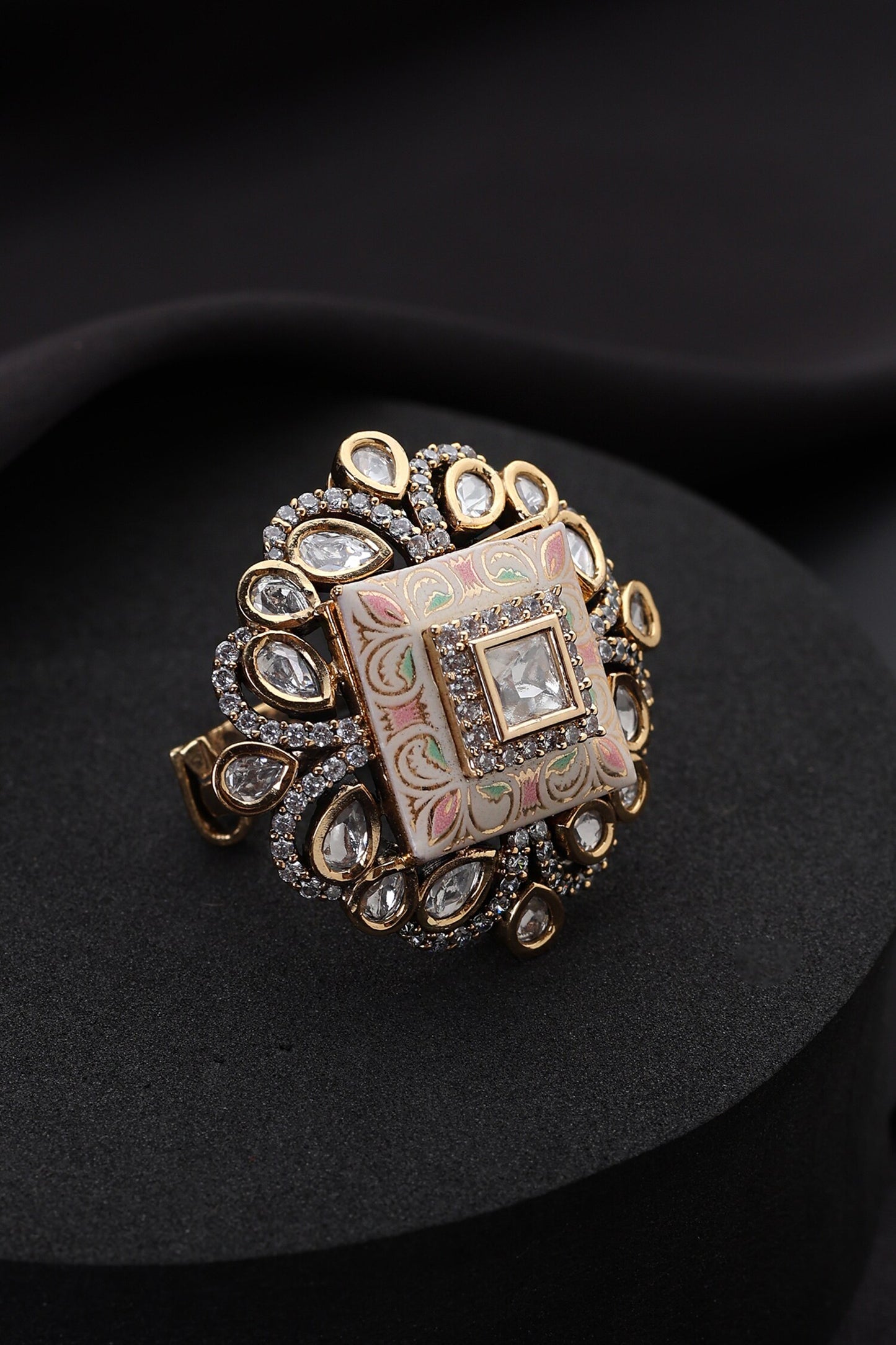 Pink Meena Polki Adjustable Ring 