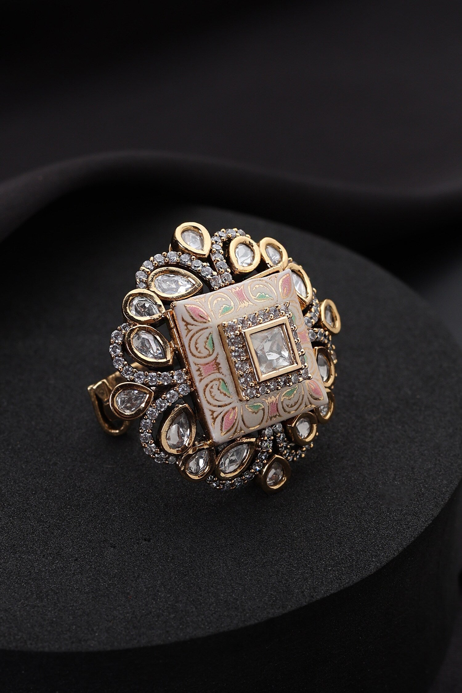 Pink Meena Polki Adjustable Ring 