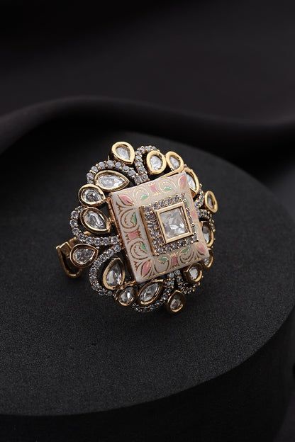 Pink Meena Polki Adjustable Ring 