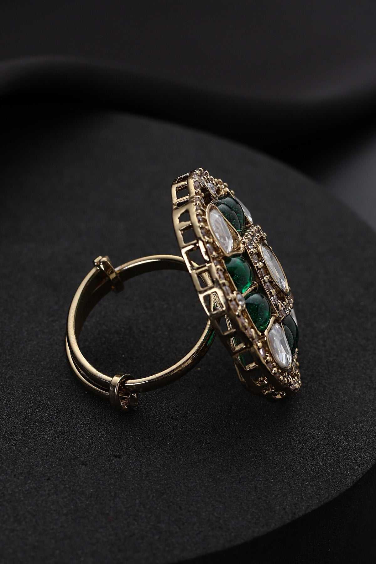 Green Polki Adjustable Ring 