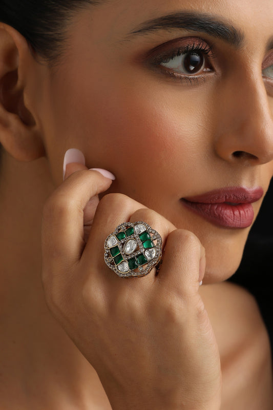 Green Polki Adjustable Ring 