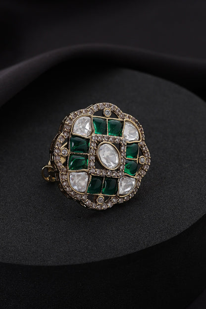 Green Polki Adjustable Ring 