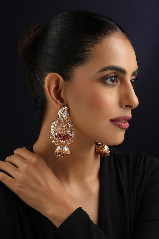 Red Rose Gold Polki Jhumka Earrings 