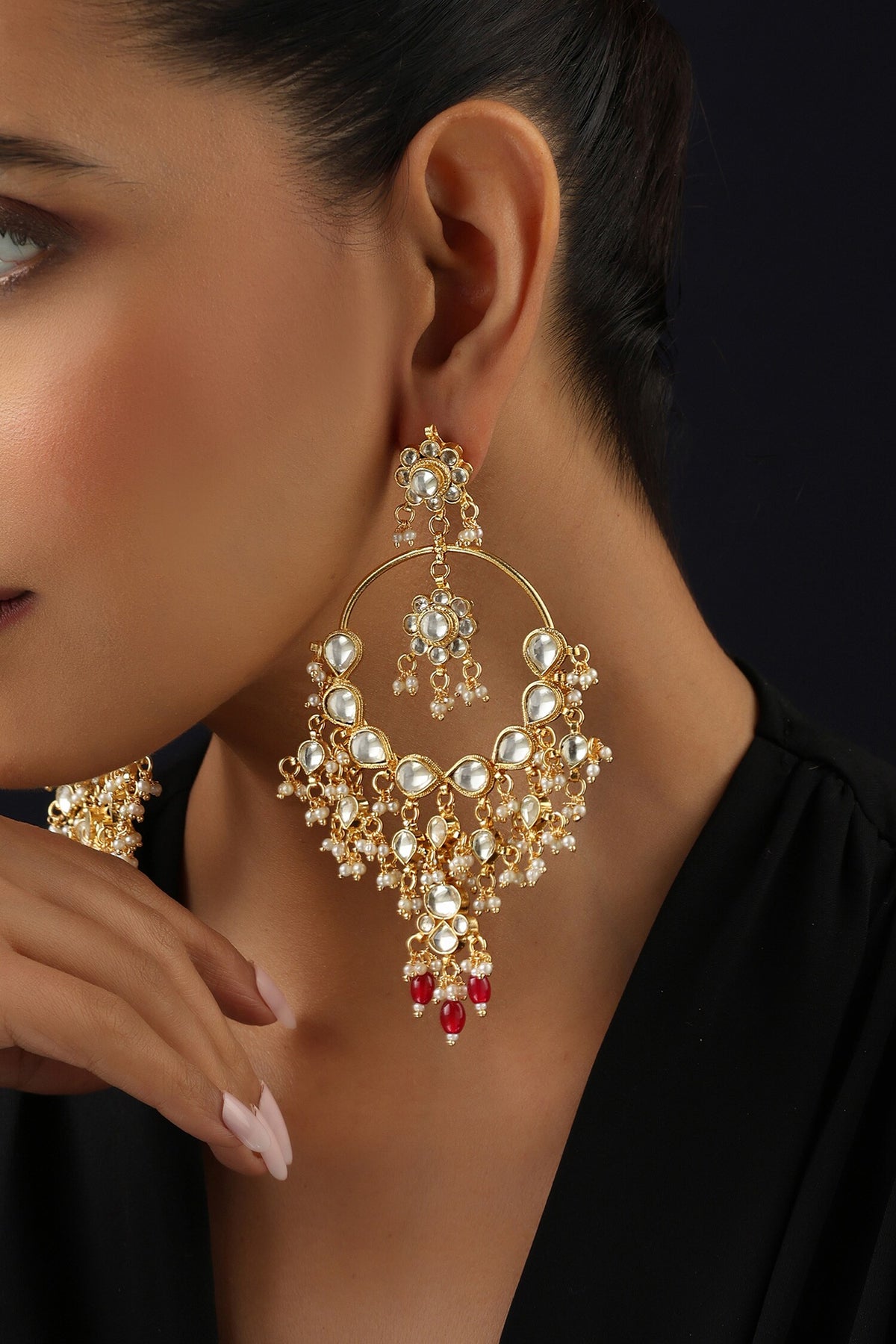 Red Kundan Chandbali Earrings 
