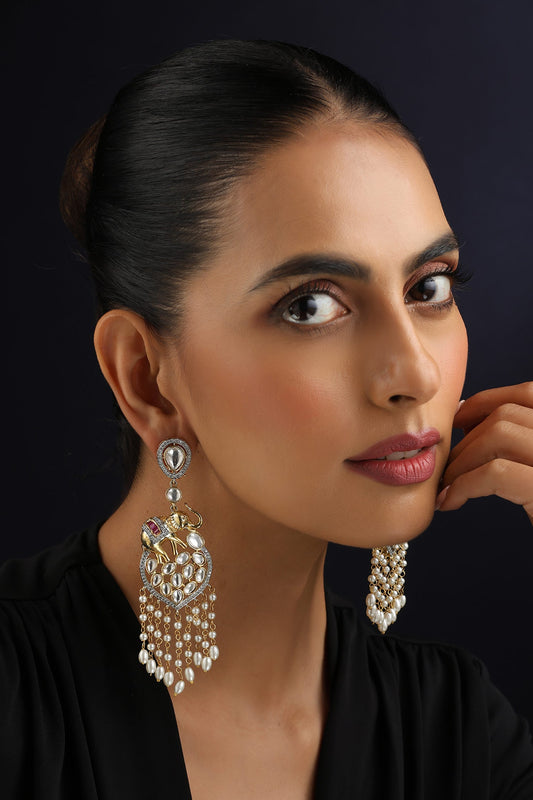 White Polki and Pearls Dangler Earrings 